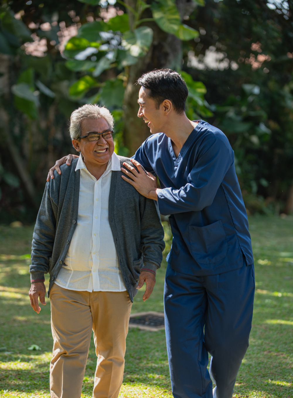 Caregiver walking beside a senior man while providing dependable respite care support in Fulton County, GA