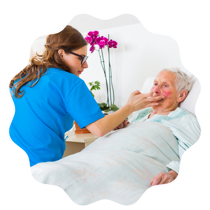 Caregiver providing continuous live-in care and feeding assistance to a senior woman in Fulton County, GA